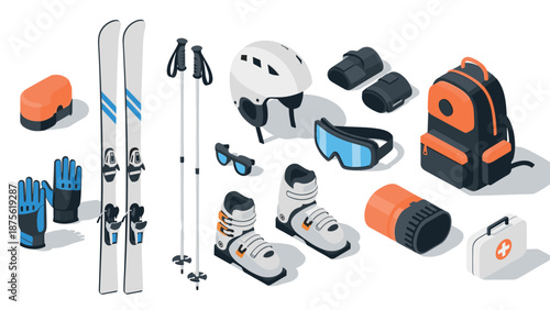 Winter sports gear collection with modern isometric style depicting ski equipment and accessories