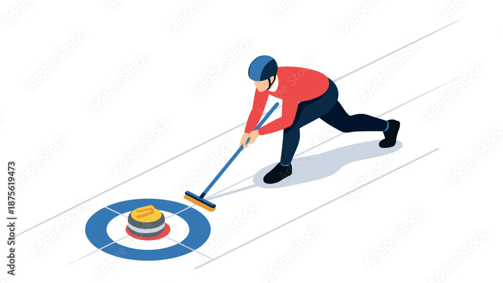 Obraz premium Isometric curling player on ice rink with target in winter sports concept