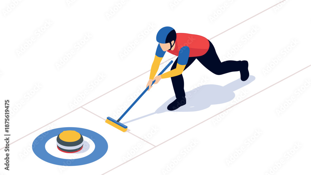 Obraz premium Isometric curling athlete pushing stone on ice rink with target rings