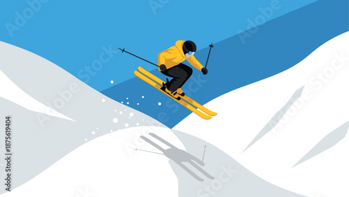 Dynamic skiing adventure: energetic ski jumper in snowy mountains