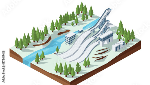 Winter sports complex isometric design featuring ski jumping hills and pine forest