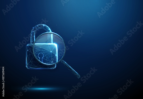 3d blue padlock under magnifying glass Security inspection, privacy audit, cybersecurity analysis, risk assessment, trust validation, data protection review concept.