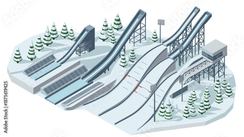 Winter ski jump arena in snowy isometric design with grandstands and trees