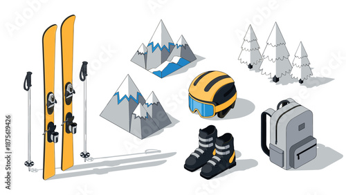 Winter sports equipment and mountain icons in isometric style