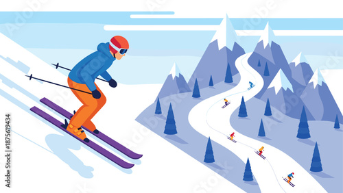 Dynamic winter sports adventure: skiing down snowy mountain landscape with pine trees
