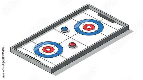 Isometric air hockey table with red and blue pucks in perspective view