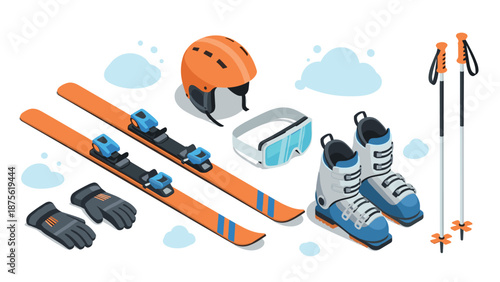 Isometric winter sports gear: ski equipment with helmet, goggles, and poles