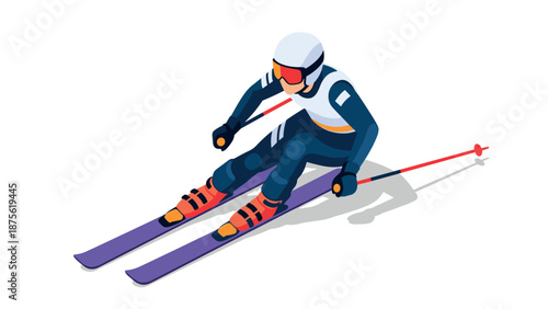 Isometric skier in motion on slopes with winter sports gear