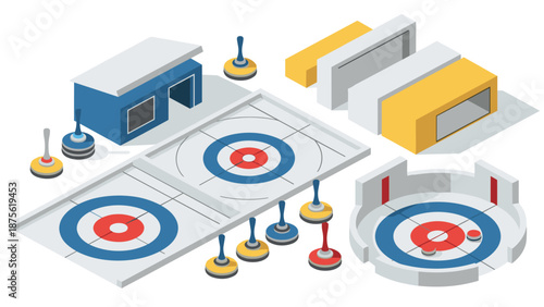 Curling isometric design with equipment and rinks for sports enthusiasts