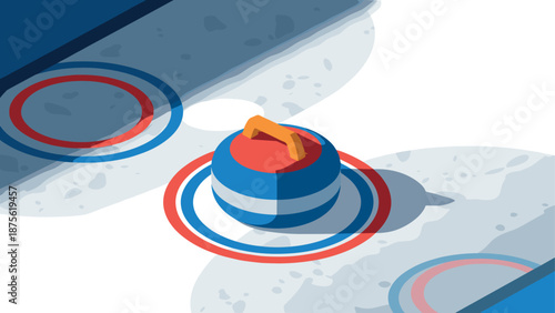 Flat style curling stone on ice rink with shadow in dynamic sports scene