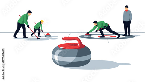 Curling match illustration with players and stones on ice rink in flat design