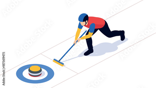 Isometric curling athlete pushing stone on ice rink with target rings