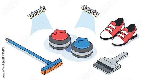 Curling equipment with minimalist design - stones, shoes, and brooms in isometric view