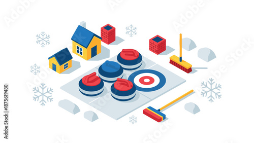 Colorful isometric curling scene with houses and snowflakes