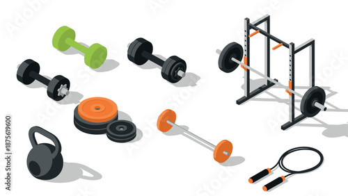 Isometric gym equipment set with dumbbells, kettlebell, and barbell