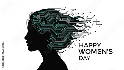 Silhouette of a woman with circuit board hair celebrating international women's day with technology theme