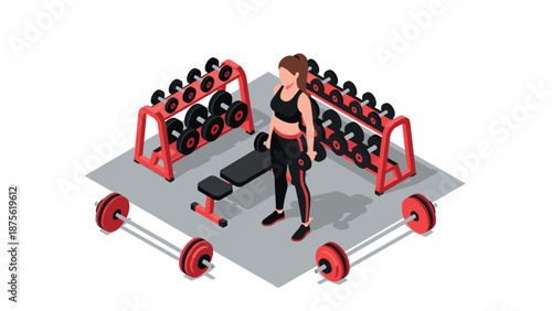 Isometric gym scene with dumbbells and woman lifting weights for fitness and workout concepts