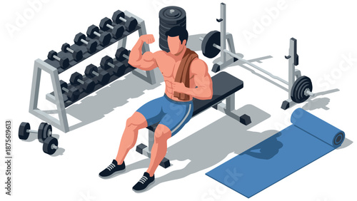 Isometric gym scene with man lifting weights in fitness center environment