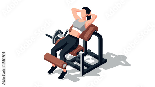 Isometric woman exercising on leg curl machine in gym setting