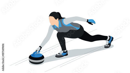 Isometric curling player in action with blue stone on ice rink