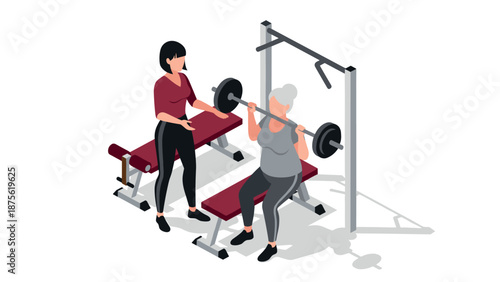 Isometric gym workout with trainer and senior lifting weights on red bench