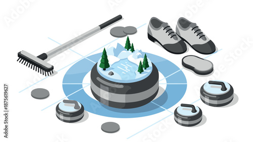 Isometric curling equipment on ice rink with rocks and broom