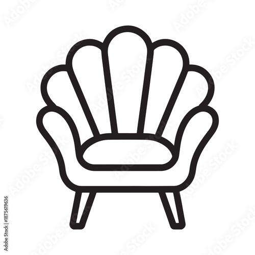a black and white drawing of a chair with a shell shaped back