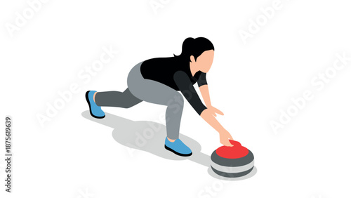 Isometric curling athlete in action with stone and broom in minimalist design