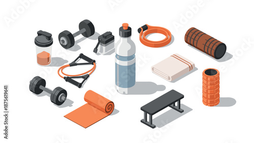 Isometric gym equipment collection: dumbbells, bottle, foam roller, jump rope