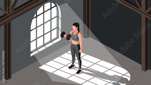 Isometric woman weightlifting in industrial gym with sunlight