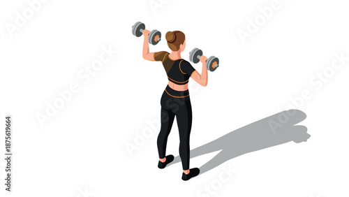 Isometric woman exercising with dumbbells in activewear