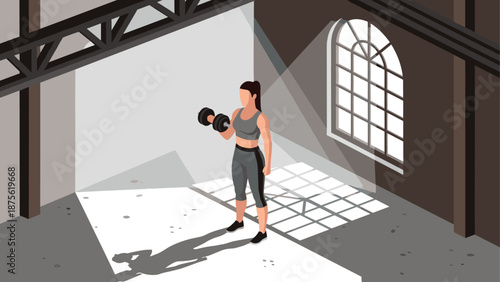 Strong woman exercising with dumbbells in sunlit industrial space