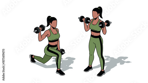 Stylish fitness women exercising with dumbbells in athletic outfits