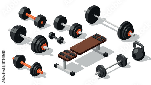 Isometric gym equipment set with dumbbells, barbells, bench, and kettlebell