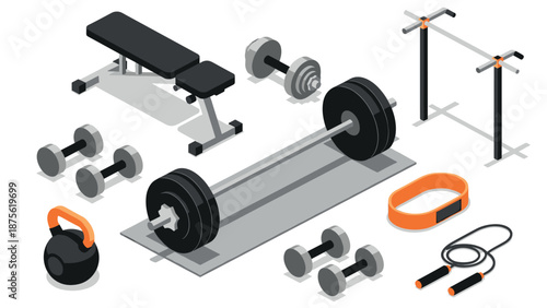 Home gym equipment set for fitness enthusiasts in isometric style