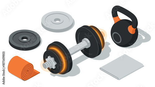 Isometric gym equipment set featuring dumbbell, kettlebell, weights, and yoga mat