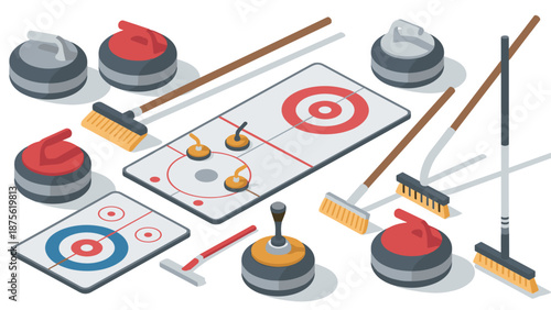 Isometric curling equipment set with stones, brooms, targets on ice rink