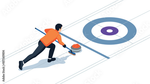 Isometric curling player in action on ice rink