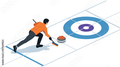 Isometric curling player aiming the stone on ice rink