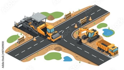 Isometric road construction scene with heavy machinery and safety barriers