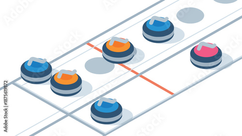 Isometric curling game strategy with detailed stones on ice rink