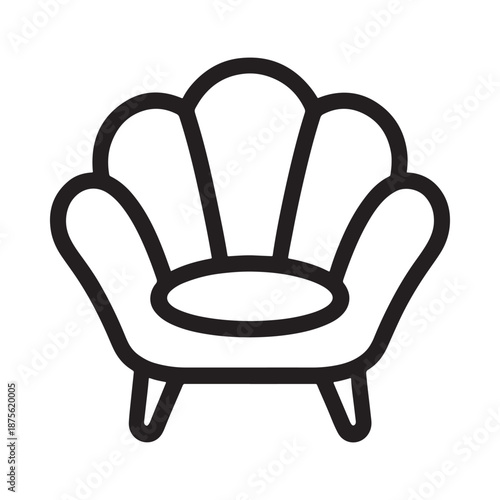 a black line drawing of a chair with a shell shaped back