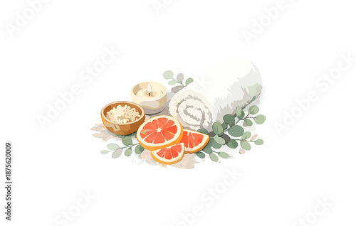 Spa essentials with grapefruit, candle, eucalyptus, and towel