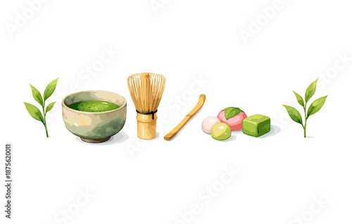 Traditional japanese tea ceremony set with matcha and confections