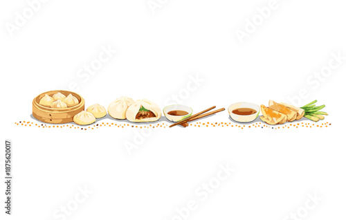 Steamed dumplings and dim sum with dipping sauces and chopsticks on a white background