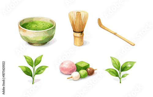 Traditional matcha tools and treats with tea leaves