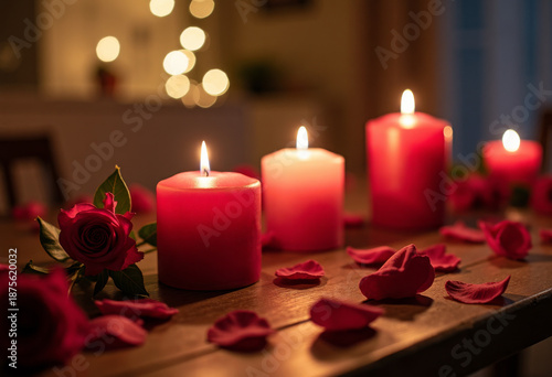 Romantic Valentine’s evening at home, candles, soft lighting, cozy atmosphere, lifestyle photography