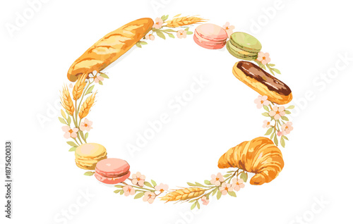 Floral bakery wreath with bread, croissant, eclair, and macarons