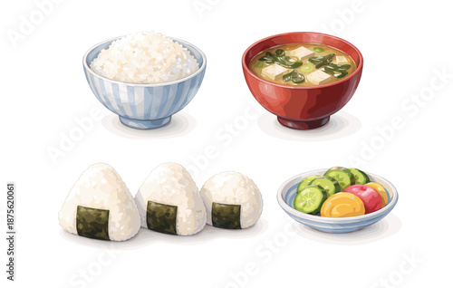 Japanese cuisine set with rice, miso soup, onigiri, and pickled vegetables