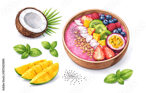 Colorful smoothie bowl with fresh fruit and coconut on white background